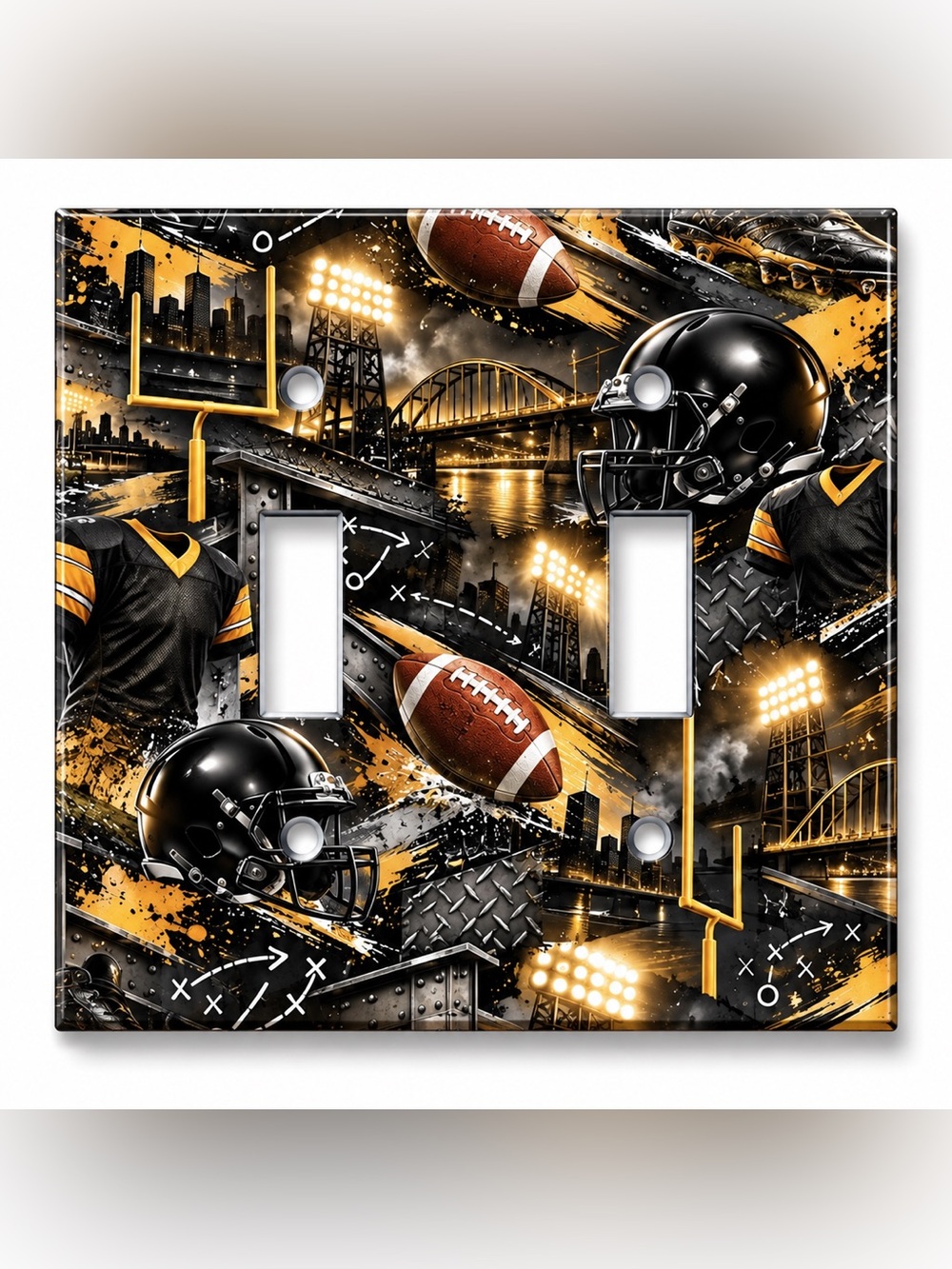 Black Gold Football Double Light Switch Cover Boys Kids Room Steel City Sports D